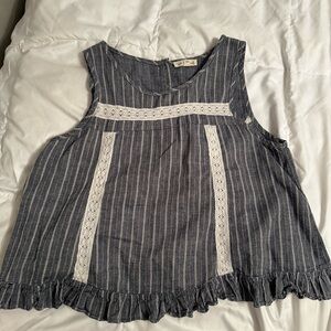 Hem & Thread crop top, button closure back. Denim blue with lace. Size medium